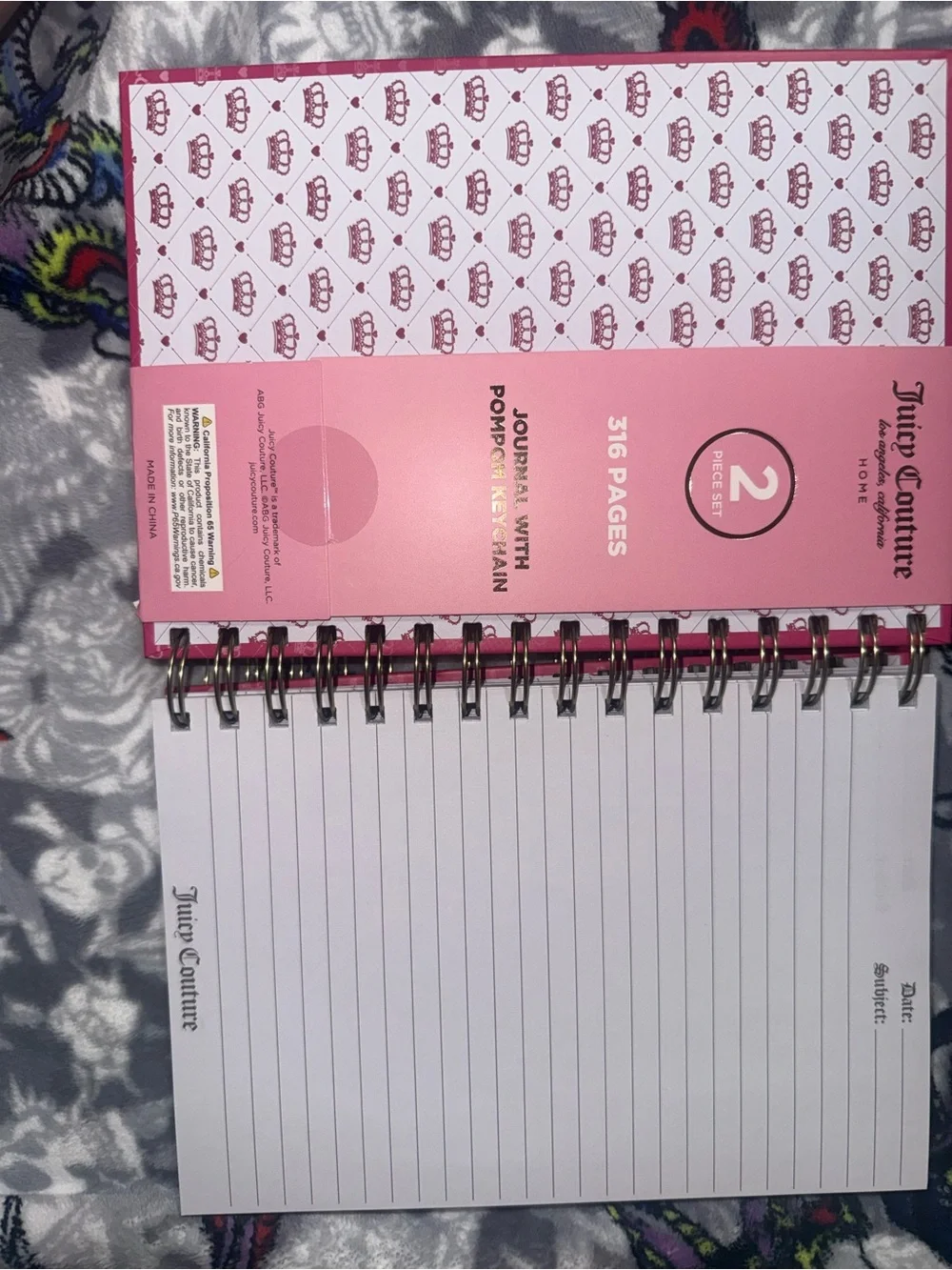 Juicy Couture Hot Pink Spiral Journal with Pom Pom Keychain